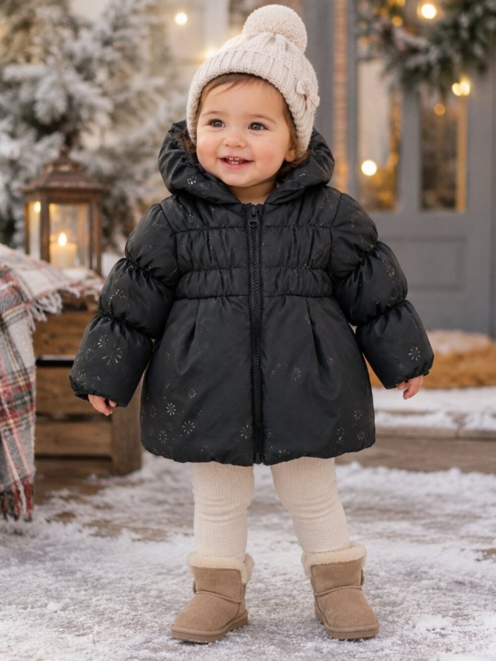London Fog Girls Black Puffer Winter Coat Snowflake Print Plush Hood 18M